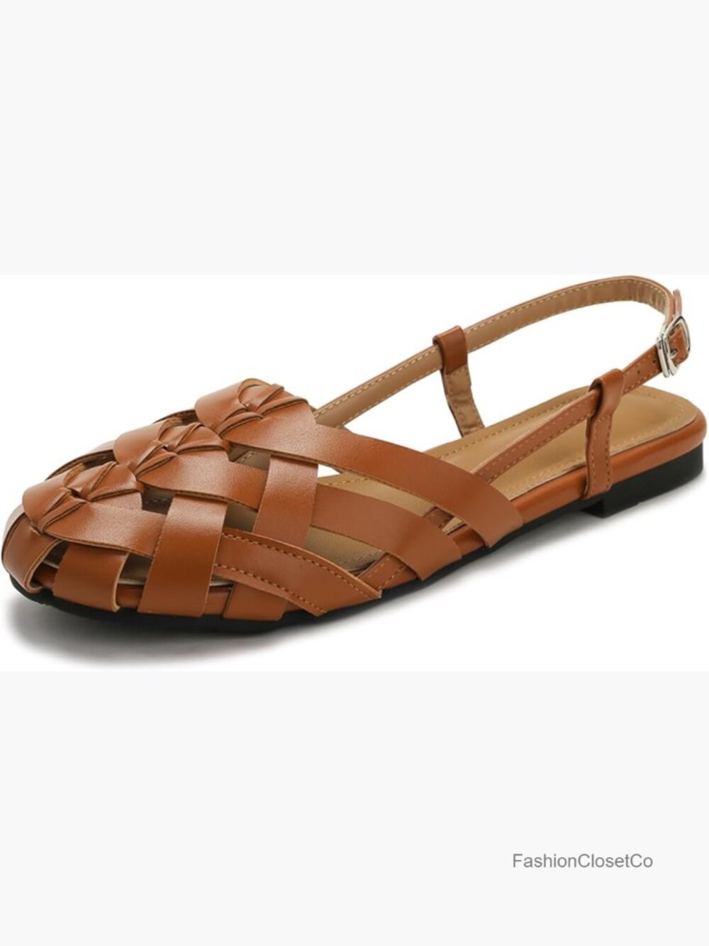 Woven Faux Leather Closed Toe Slingback Flat Sandals with Adjustable Buckle